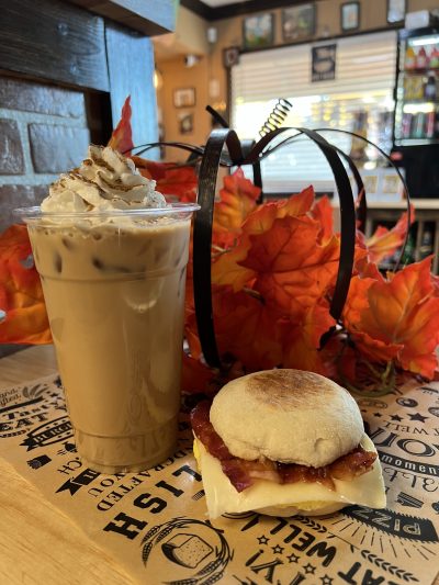 Pumpkin latte with an English muffin breakfast sandwich at Goomba’s in Branson, Missouri